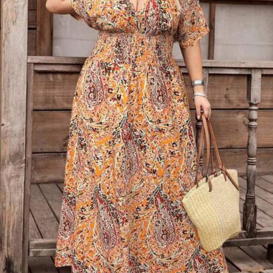 CURVE+ Curve Size Music Festival, Seaside Vacation, BohemiaRandom Print Pleated Elastic Waist Women Beach Dress, Summer Holiday Outfit - Multicolor - Ver 1
