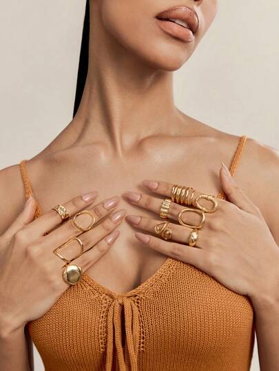 Altistry 10pcs Vintage Rings Set, Fashionable & Versatile Asymmetric Geometric Line Lava Rings (Some Rings Are Open But Not Adjustable, Please Do Not Forcibly Bend Them Or They May Break, Sizes Are Marked)
