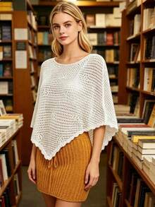 Poncho Tejido de Mujer Calado Unicolor, Cuello Redondo, Manga Murciélago, Asimétrico, Ligero para Playa y Vacaciones de Verano - Blanco - Ver 5