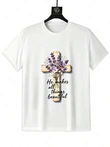 Women's Christian Faith T-Shirt - Boho Chic Style With Watercolor Wildflower And Cross Print, Short Sleeve, Round Neck, Casual Church Wear, Gift For Daughter Or Sister, Machine Washable Religious Clothing, Relaxed Fit T-Shirt - 白色 - 查看 3