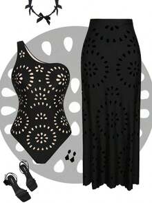 Swim Oasis Conjunto de 2 piezas de traje de baño de un hombro bandeau de unicolor con cortes láser y falda larga calada con cortes láser para mujer, ajuste ceñido, primavera/verano - Negro - Ver 3