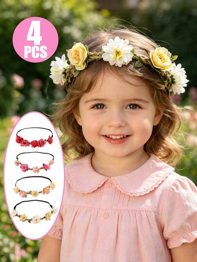 4pcs/Set Bohemian Style Flower Headbands, Suitable For 3-8 Years Old Girls, Stretchy Adjustable, Rose & Daisy Flower Crowns, Fairy Hair Accessories, Suitable For Wedding Flower Girls, Birthday Parties, Outdoor Photography