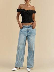 Women Summer Coquette Off Shoulder Ruffle Lace Crop Top Twist Front Short Sleeve Blouse - Black - View 5