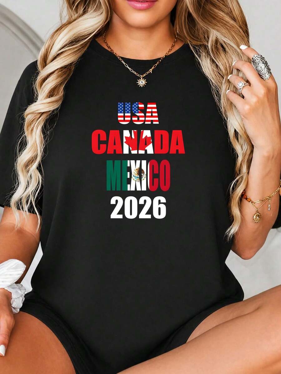 Estados Unidos Canadá México 2026 Copa Mundial Diseño gráfico de impresión, Patriotic Fl-ag Text Art, Rojo Blanco Verde Color, Tema de fútbol del equipo nacional, International Sport.jpgRegalos personalizados: Camisetas para mujer con estilos modernos, hippies, casuales y minimalistas. Ropa masculina personalizada única, armarios cápsula, ropa básica/urbana para hombre. Regalos ideales para novios, familiares y amigos, adecuados para cumpleaños, vacaciones, colegio/competiciones, deportes/escalada, etc., también adecuados para la moda de otoño y actividades urbanas. Verano negro.