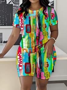 2pcs Plus Size 0XL-5XL Plus Size Colorful Abstract Geometric Pattern Short Sleeve Dress With Matching Shorts Set Vibrant Multicolor Design Featuring Rectangles Circles And Lines In Bold Hues Of Red Blue Green Yellow And Pink Modern Art Inspired Prin - trắng - Xem 1