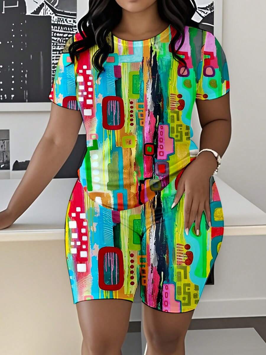 2pcs Plus Size 0XL-5XL Plus Size Colorful Abstract Geometric Pattern Short Sleeve Dress With Matching Shorts Set Vibrant Multicolor Design Featuring Rectangles Circles And Lines In Bold Hues Of Red Blue Green Yellow And Pink Modern Art Inspired Prin - trắng - Xem 1