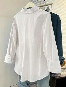 Camisa casual de mujer de manga larga con botones frontales y bolsillo de unicolor - Blanco - Ver 2