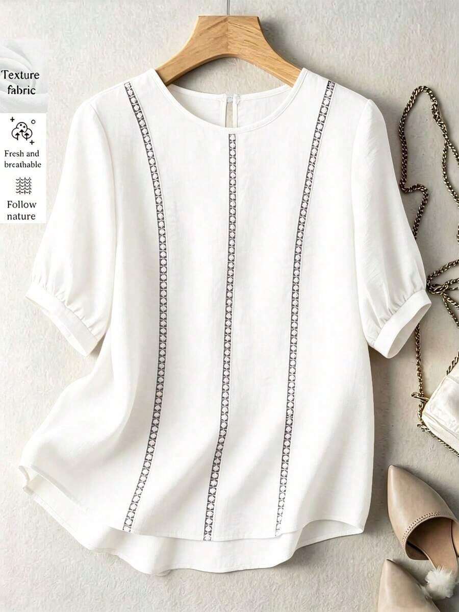 2026 Nueva camisa de verano para mujer, camisa casual de color naranja con parches, ribete de encaje teñido, mangas abullonadas, corte holgado, cuello redondo, manga corta, camisa de mujer con parches de encaje teñido, camisa naranja de muj - Blanco - Ver 1