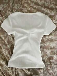 Camiseta de manga corta con cremallera frontal de 2 vías y adorno de encaje para mujer - Blanco - Ver 2