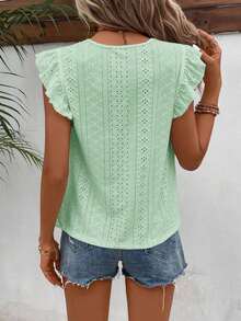Frenchy Camiseta con cuello redondo y adorno de encaje con volantes y bordado de ojal - Verde - Ver 2