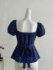 Sweetro Blusa de mujer con cuello en V, manga de pétalos y lunares blancos, estilo francés para primavera/verano - Azul marino - Ver 6
