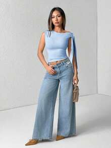 1 pieza Blusa de mujer con cuello oblicuo y lazada de unicolor, de uso casual diario - Celeste - Ver 6
