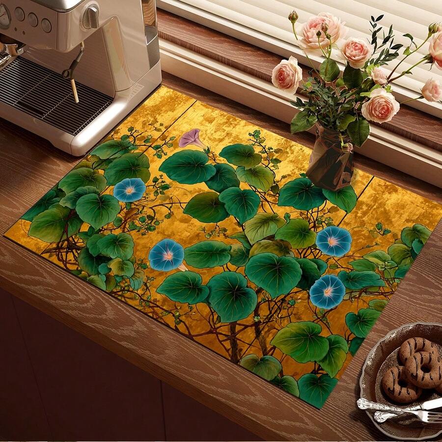 1 件装旋花印花沥水垫/吸水垫/干燥垫,适用于咖啡机、餐具 - 吸水性强的聚酯纤维桌面保护垫,带橡胶防滑垫,可用于厨房台面装饰、家庭酒吧和餐桌 - 彩色 - 查看 1