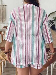 VCAY Conjunto de 2 piezas de camisa y shorts a rayas azules y blancas para mujer de talla grande, ropa de verano para vacaciones en la piscina, estilo boho chic, ropa de mujer, conjuntos para brunch, ropa para el aeropuerto, ropa para vacaciones en la playa, ropa para escapadas urbanas, ropa de vacaciones, ropa occidental para mujer, ropa occidental para mujer, conjuntos de verano europeos para vacaciones en la isla, conjuntos para luna de miel, conjuntos de estilo Old Money South Beach, conjuntos de la  de Amalfi, conjuntos de encaje, top de encaje. - Multicolor 3 - Ver 3