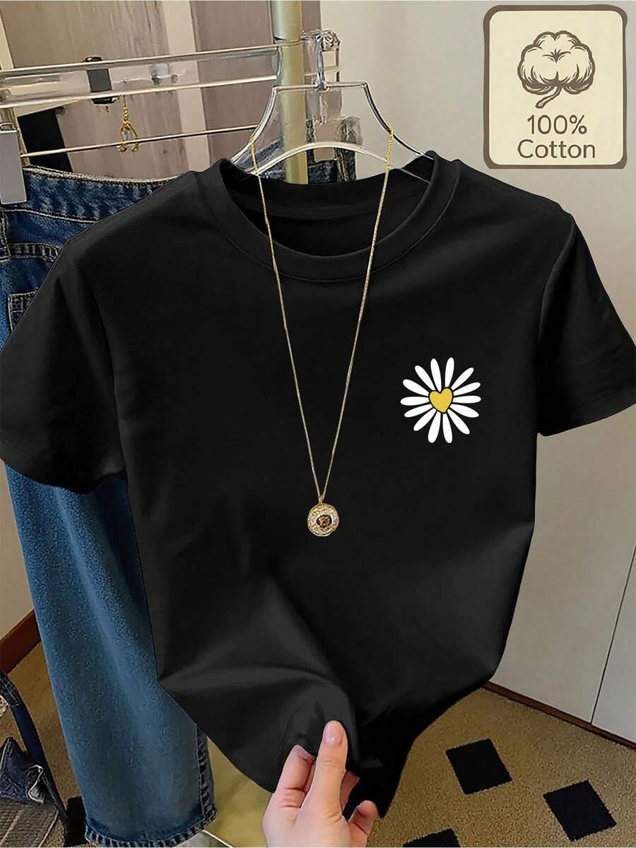 Camiseta 100% Puras con Diseño de Margaritas y Corazón, Cuello Redondo, Manga Corta, Ropa de Verano, Uso Diario, Cómoda y Transpirable, Ropa de Verano para Mujer