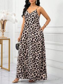 Lady Vestido largo con estampado de leopardo para mujer, estilo bohemio, sin espalda, holgado, vestido maxi suelto sin tirantes para cumpleaños, eventos, vacaciones, vestidos casuales, vestidos boho/bohemia/boho, top halter, ropa africana para mujer - Albaricoque - Ver 5
