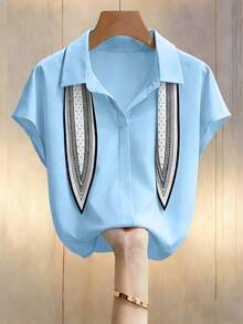 Blusa versátil y casual con mangas de murciélago, cuello en V y estampado de pañuelo, color beige, adecuada para primavera y verano - Celeste - Ver 3