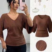 Women's Coffee Brown Textured Fabric V-Neck Loose Waist Ruched Design Elegant Classy Birthday Gift Date Party Teacher's Day Independence Day Double 11 Shopping Festival Back To School Single's Party Holiday Christmas Eve Thanksgiving Halloween Christmas Carnival Diwali New Year Travel Vacation Streetwear - Burdeos - Ver 4