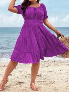 Clasi Vestido corto de manga corta en color burdeos de uso diario, sencillo y liso para mujeres de talla grande - Morado - Ver 5
