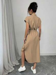 Vestido largo de manga corta para verano 2025, nuevo, con bolsillo, abertura lateral, cinturón y lazo, estampado de leopardo, para uso casual y de viaje - Caqui - Ver 2