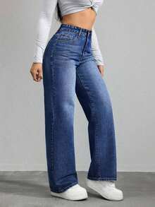 Unity Jeans de mezclilla de pierna ancha recta de diseño simple con cintura alta para mujeres a la moda - Azul lavado oscuro 2 - Ver 6