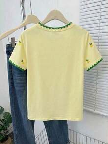 Camiseta casual de mujer con estampado de limón, camiseta gráfica con patrón de limón bordado falso de cuello redondo y estampado digital todo sobre - Multicolor 4 - Ver 2