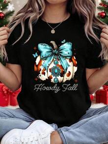 Camiseta de Mujer Estilo Vaquera Oeste "Howdy Fall" - Top de Manga Corta con Estampado de Lazo Turquesa y Cactus, con Letras de Estilo Suroeste, Atuendo Casual para Fiestas Oeste Primavera Verano, Regalo Vaquero para Eventos de Rodeo - Negro - Ver 1