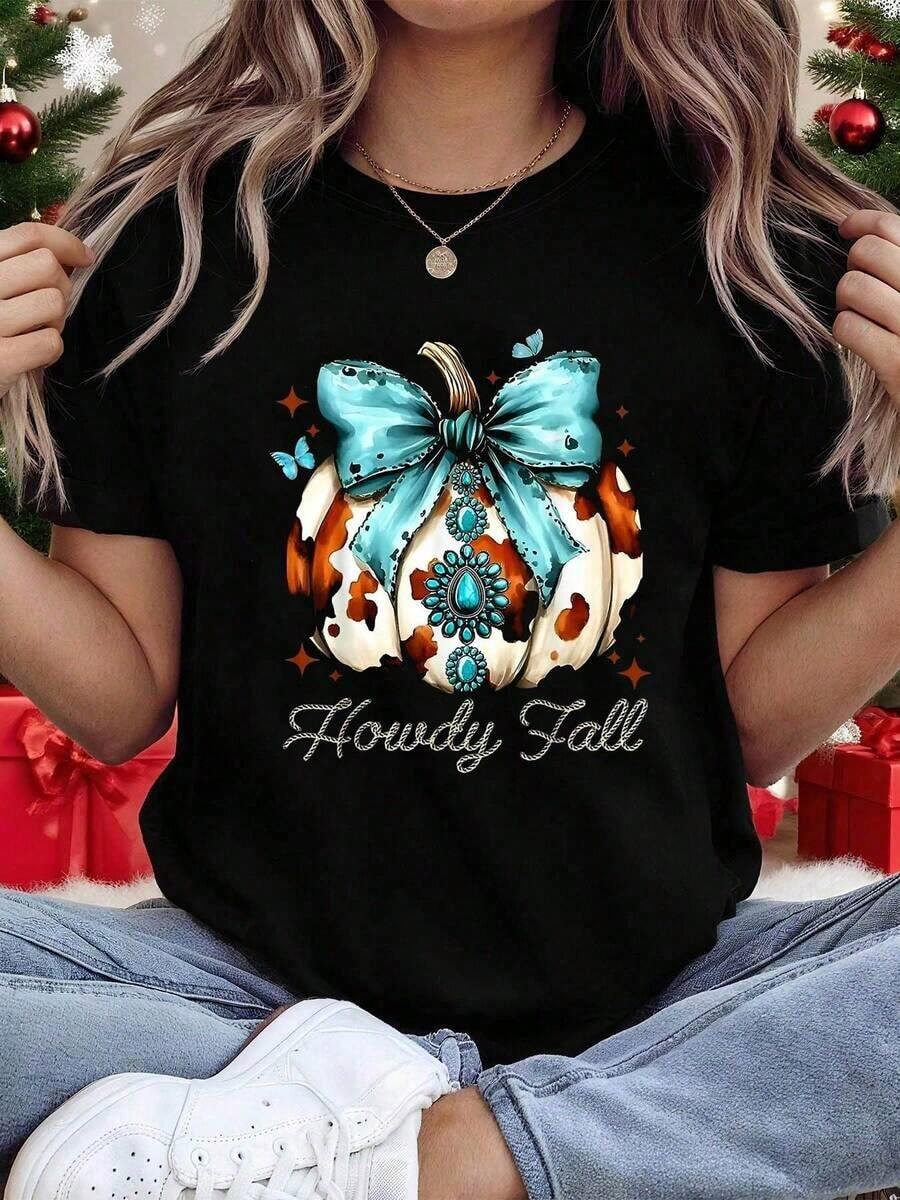 Camiseta de Mujer Estilo Vaquera Oeste "Howdy Fall" - Top de Manga Corta con Estampado de Lazo Turquesa y Cactus, con Letras de Estilo Suroeste, Atuendo Casual para Fiestas Oeste Primavera Verano, Regalo Vaquero para Eventos de Rodeo - Negro - Ver 1
