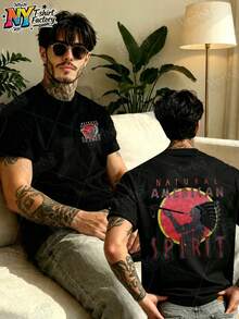 Camiseta de hombre con estampado natural de estilo americano, de algodón, cuello redondo, manga corta, estilo urbano, vintage, casual para uso diario, ideal para vacaciones de verano. - Negro - Ver 4