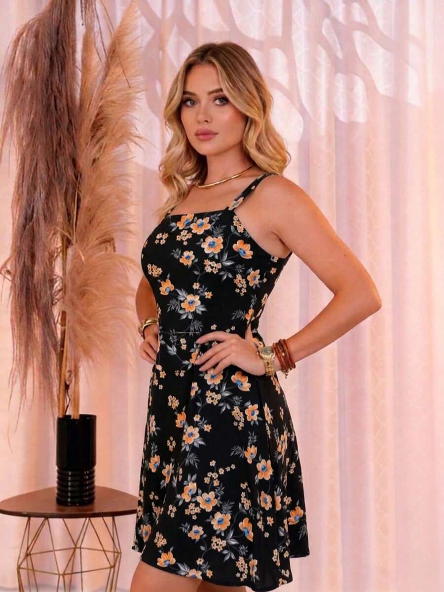 Women's Floral Dress With Wide Straps, Summer, Casual, Elegant, Comfortable - 因此 2 - 查看 1