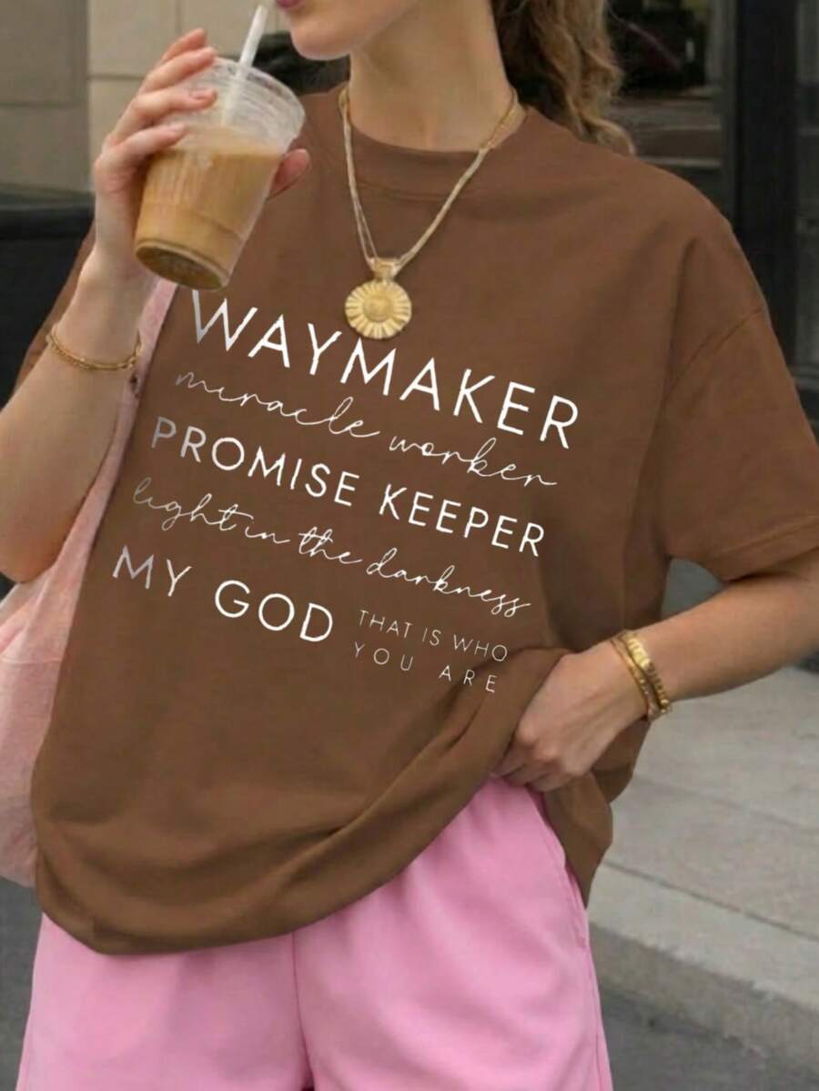 Waymaker Miracle Worker Promise Keeper Light In The Darkness My God That Is Who You Are Colored Cotton T-Shirt Women's Colored Cotton T-Shirt Understated Luxury Casual Tee-Y2K Style With Digital Print An Excellent Gift For Friends And Family Perfect For Easter Or As A Special Treat For Her - 咖啡棕 - 查看 1