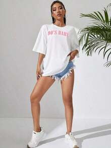 Camiseta Oversize con Estampado de Letras y Hombros Caídos, Camisetas Gráficas para Mujer, Unisex, 100% Algodón - Blanco - Ver 4