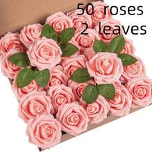 50 fleurs + 2 feuilles Roses blanches en mousse artificielle avec tiges, aspect réaliste pour bouquets de mariage DIY, centres de table pour baby shower, arrangements floraux, décorations de table de fête, décoration de la maison, cadeaux, anniversaires, remises de diplômes, etc. - Poudre de viande - Voir 9