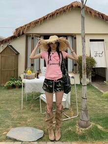 美式街头风常规肩部T恤，女士夏季爱心印花短袖修身性感露脐上衣 - 粉色 - 查看 7