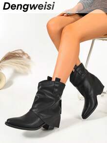 Black Zipper Decor Ankle Boots, Square Toe, Chunky Heel, Comfortable & Versatile For Office, Commute, Daily Wear, Vacation, New Spring/Autumn Fashion Mid-Calf Boots - Black - View 9