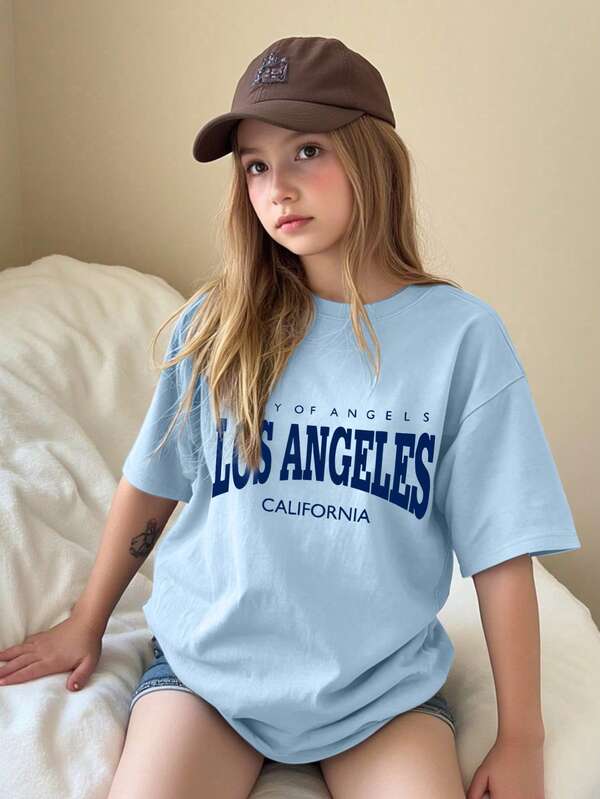 1pc Girls "Los Angeles" Slogan Print Round Neck Short Sleeve T-Shirt - Soft & Comfortable Pullover, Casual & Fashionable Children Clothing