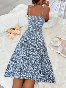 Vestido largo con estampado floral diminuto y abertura lateral para mujer - Azul y blanco - Ver 2