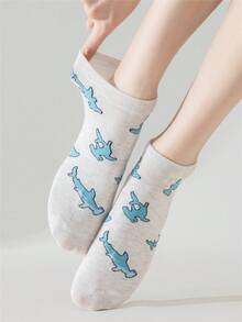 Bộ 5 đôi tất cổ thấp hình cá mập cho bé gái lớn, tất in hình động vật biển dễ thương, tất cotton không lộ cổ chân ngộ nghĩnh cho thiếu nữ, bộ tất cá mập thoáng khí thường ngày. - Nhiều màu - Xem 4