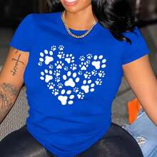 Camiseta Casual Vintage de Talla Grande para Mujer con Cuello Redondo y Diseño de Corazón y Huella de Pata, Tejido de Algodón Elástico, Top de Moda para Todas las Temporadas. - Azul - Ver 1