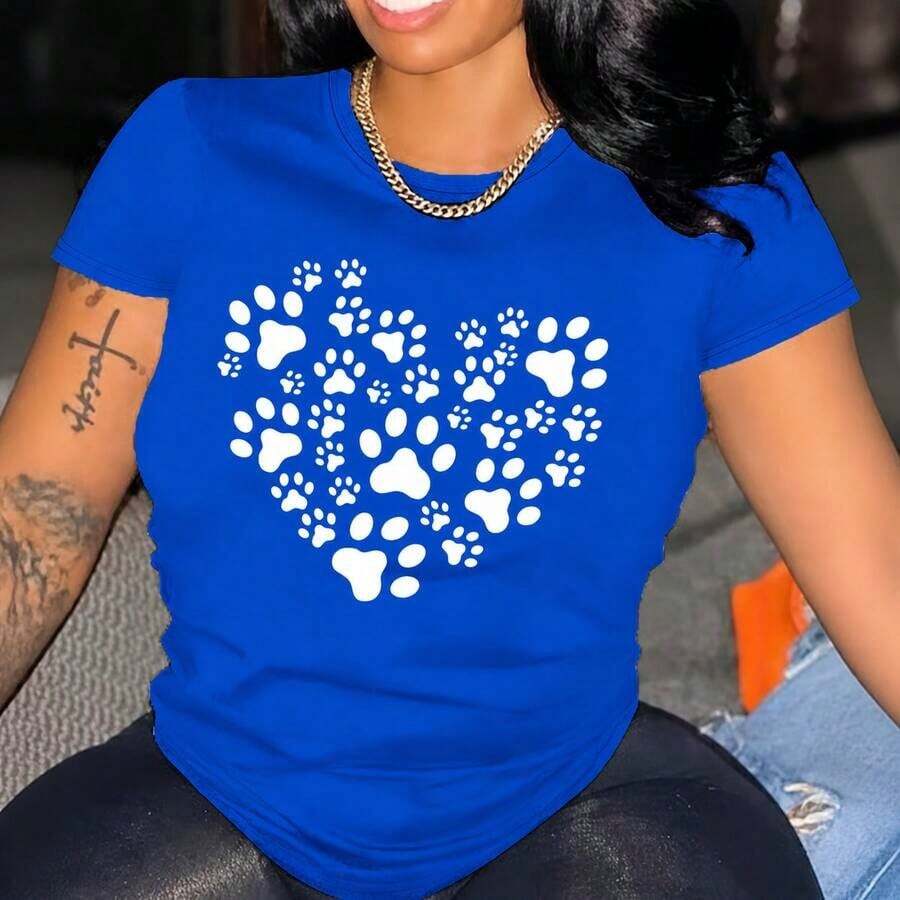 Camiseta Casual Vintage de Talla Grande para Mujer con Cuello Redondo y Diseño de Corazón y Huella de Pata, Tejido de Algodón Elástico, Top de Moda para Todas las Temporadas. - Azul - Ver 1