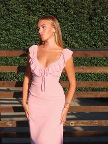 Vestido ajustado con volantes y lazos, estilo sensual, nueva llegada bestseller - Rosa - Ver 1
