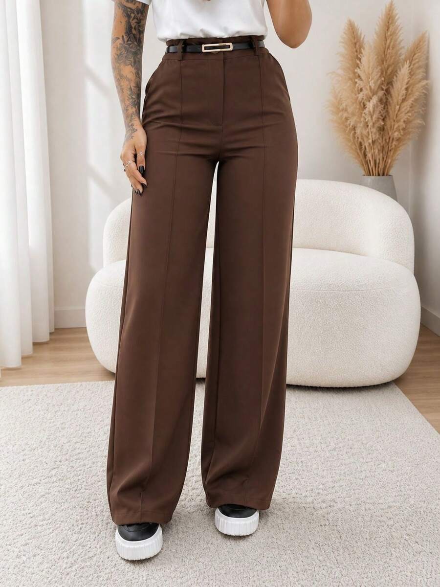 Women's Premium Tailored Wide-Leg Trousers With Belt - 鏽棕色 - 查看 1