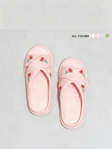 1 Pair Soft & Healing Cherry Embroidery Cross Linen Slippers, Milky White Base With Delicate Cherry Embroidery, Gentle And Youthful, Comfortable Choice For Spring/Summer Home, Bedroom Or Living Room, Girly, Home Essential, Soft Girl Must-Have - Cherry Slippers - View 3
