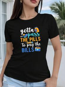 Camiseta de manga corta para mujer, de algodón puro, con diseño estampado de dibujo geométrico 2D "gotta pass pills to pay bills", top casual de manga corta y cuello redondo, adecuada para todas las estaciones, moda de vacaciones, estética retro, material transpirable, estampado divertido. - Negro - Ver 1