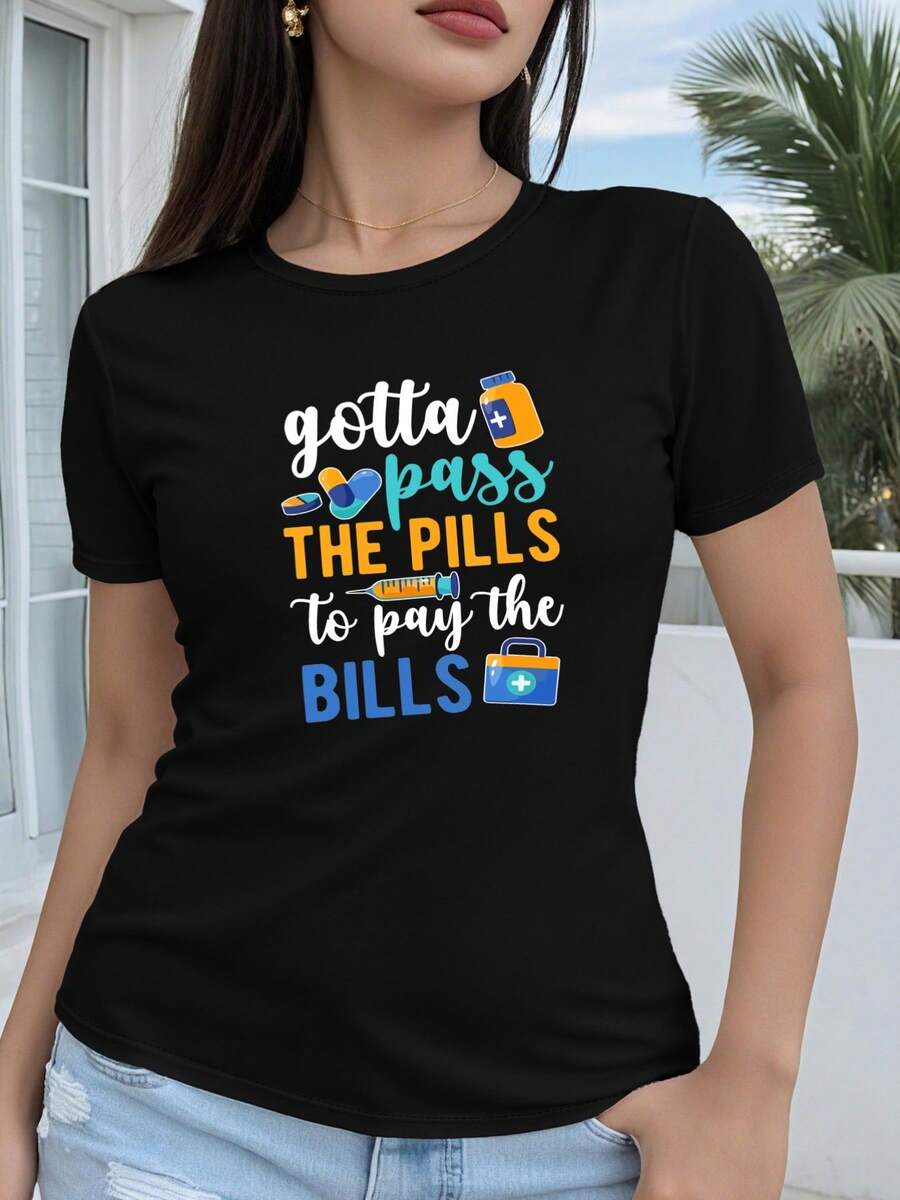 Camiseta de manga corta para mujer, de algodón puro, con diseño estampado de dibujo geométrico 2D "gotta pass pills to pay bills", top casual de manga corta y cuello redondo, adecuada para todas las estaciones, moda de vacaciones, estética retro, material transpirable, estampado divertido. - Negro - Ver 1