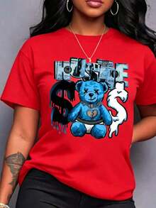 1 Piece Casual Fashion For Men And Women Spring Clothes Women Light Blue Bear Pattern Printed T-Shirt - Short Sleeve Round Neck Casual Top With Effort Slogan And Dollar Sign Design, Machine Washable Suitable For All Seasons, Comfortable Loose Fit And Comfortable Summer Versatile Style, Easy To Match, Suitable For Daily Wear, Urban Style, Holiday Outfits, Weekend Outfits. - 紅色 - 查看 4
