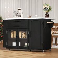 Mobile Kitchen Island With Folding Worktop, Kitchen Trolley, 5 Wheels, Multiple Storage Compartments, Spice Rack, Cutlery Drawer, 120 X 45 (70) X 90 Cm - Black - View 2
