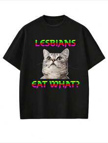 Camiseta divertida "Las lesbianas comen lo que el gato", camiseta L1GBTQ T1EE, camiseta divertida para lesbianas, camiseta, sudadera con capucha y jersey "Adults Offens". Camiseta unisex de algodón puro de 220 g, peso ideal para todas las estaciones, apta para hombres y mujeres. Tejido duradero de alta calidad, suave al tacto y de larga duración. Parte superior transpirable. Adecuada para la primavera y el verano de las mujeres, vacaciones, Día de la Madre, Día de la Independencia. - Negro - Ver 1