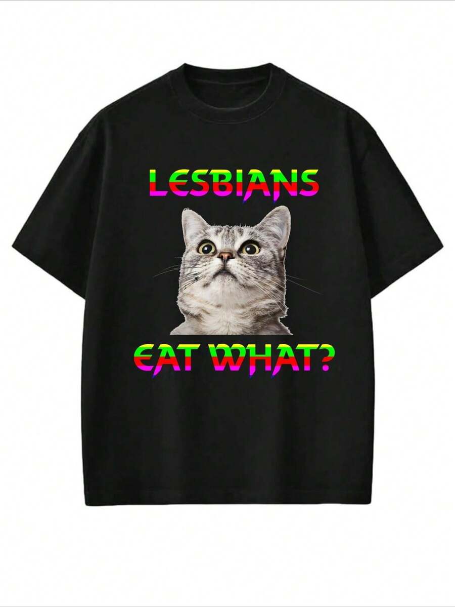 Camiseta divertida "Las lesbianas comen lo que el gato", camiseta L1GBTQ T1EE, camiseta divertida para lesbianas, camiseta, sudadera con capucha y jersey "Adults Offens". Camiseta unisex de algodón puro de 220 g, peso ideal para todas las estaciones, apta para hombres y mujeres. Tejido duradero de alta calidad, suave al tacto y de larga duración. Parte superior transpirable. Adecuada para la primavera y el verano de las mujeres, vacaciones, Día de la Madre, Día de la Independencia. - Negro - Ver 1