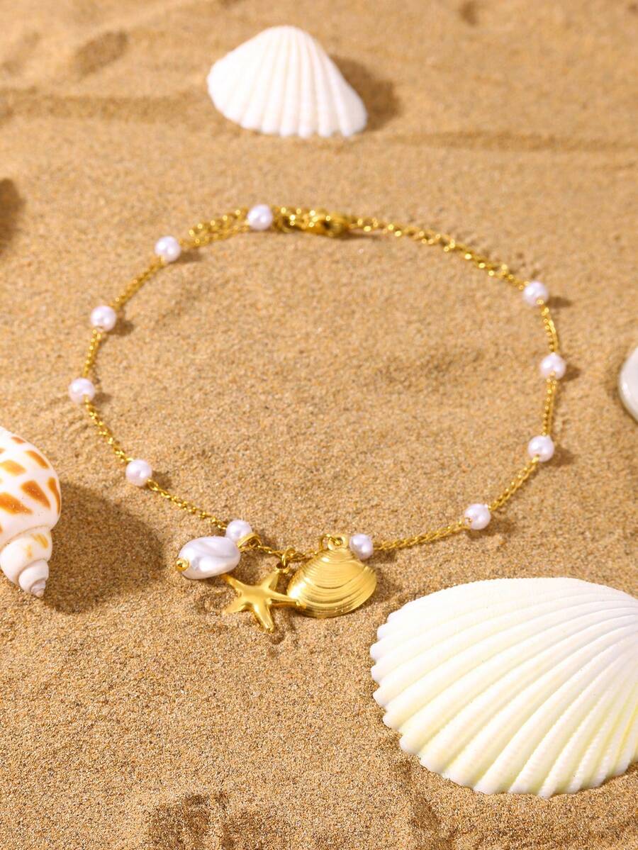 1 chiếc vòng chân hai lớp hình sao biển và ngọc trai bằng thép không gỉ mạ vàng 18K, phụ kiện đi biển mùa hè, quà tặng hàng ngày cho phụ nữ - Vàng - Xem 1